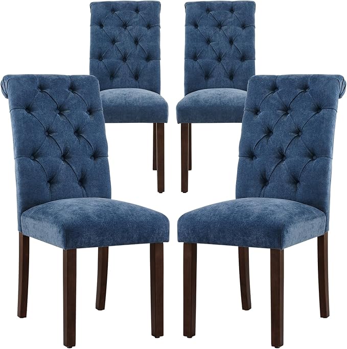 COLAMY Button Tufted Dining Chairs Set of 4, Parsons Upholstered Fabric Dining Room Chairs Kitchen Chairs with Wood Legs and Padded Seat, Blue