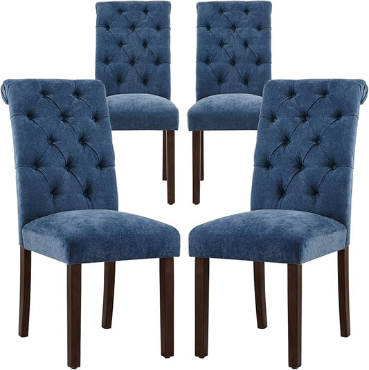 COLAMY Button Tufted Dining Chairs Set of 4, Parsons Upholstered Fabric Dining Room Chairs Kitchen Chairs with Wood Legs and Padded Seat, Blue