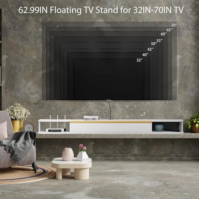 Floating TV Stand, 63'' Wall Mounted Entertainment Center TV Media Console, Floating Shelves with Door, Floating TV Cabinet Large Storage TV Bench for Living Room (White, 62.99IN)