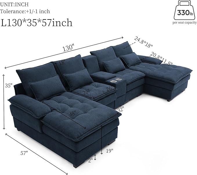 KEIKI 130" U-Shaped 6 seat Sofa with Storage Console, Cup Holders, Upholstered Sectional Sofa, Button Tufted Cloud Cushion Couch for Home, Office, Apartment, Blue