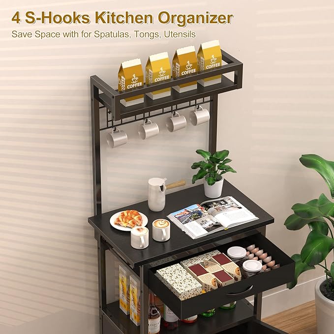 5-Tier Coffee Bar Cabinet & Microwave Stand with Storage, 2 Doors, 4 S-Hooks Kitchen Appliance Bakers Rack for Spices, Pots,Coffee Station for Small Spaces,Living Room,Entryway,Black