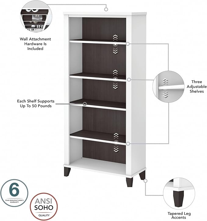 Bush Furniture Somerset 5 Shelf Bookcase in Storm Gray, Tall Bookshelf, Large Book Shelf for Living Room, Home Office, or Entryway