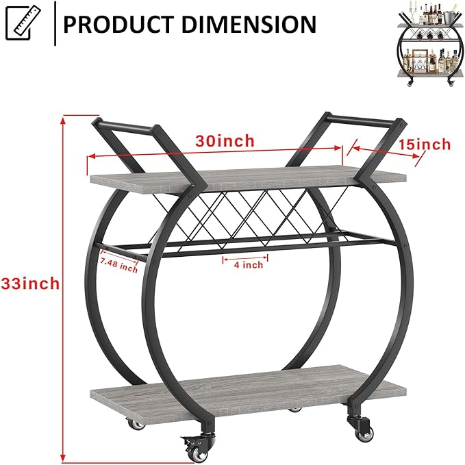 LVB Bar Cart with Wine Rack, 2 Tier Farmhouse Kitchen Cart on Wheels, Modern Wood and Metal Portable Coffee Cart Table for Home, Utility Industrial Mobile Serving Cart with Storage Shelf, Grey Oak