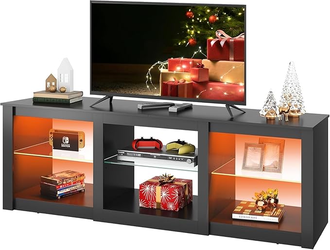 WLIVE LED TV Stand for 65 Inch TV, Modern Entertainment Center with Adjustable Glass Shelves & Customizable LED Lights, Sturdy Media Console for Living Room, Bedroom,Gaming (Black)