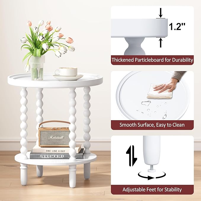 Gadroad Round End Table with Storage Shelf, 2 Tier Couch Side Table, Wood Coffee Table for Living Room, Bedroom, White 19.3 * 19.3 * 25.6 inches
