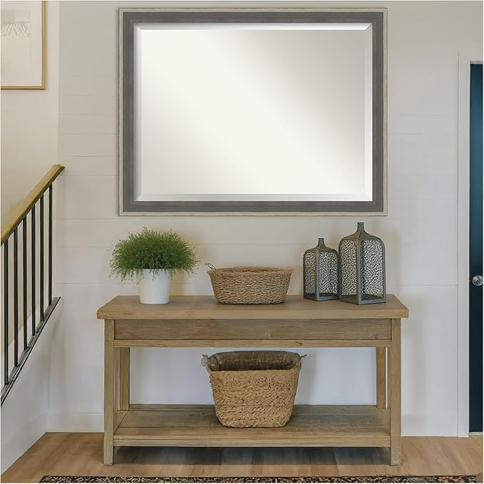 Amanti Art Grey Wall Mirror 35x45 Cottage Grey Silver Rectangle Bathroom Mirror for Wall Decor Living Room, X-Large Casual Wood Frame, Hangs Horizonally and Vertically, Bathroom Decor, Beveled Edge