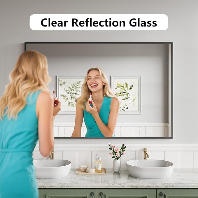 Bathroom Mirror 36x55 Black Bathroom Wall-Mounted Mirrors, Modern Vanity Mirror for Bedroom, Living Room, Aluminum Alloy Frame Allow to Hang Horizontally or Vertically