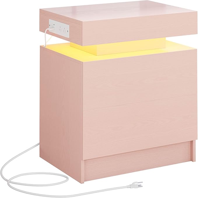 LIKIMIO Night Stand with Charging Station, Modern Pink Nightstand with LED Light and Drawers, Bedside Tables/End Table for Bedroom