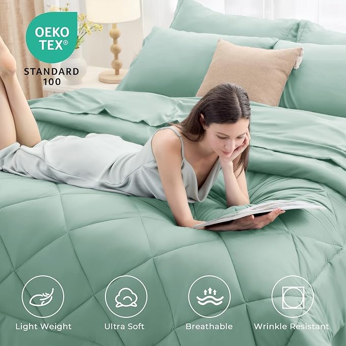 HEVUMYI Sage Green King Comforter Set - 7-Piece All Season Bed in a Bag King, Ultra Soft Bedding Set with Comforter, Flat Sheet, Fitted Sheet, Pillowcases, Pillow Shams, Sage Green