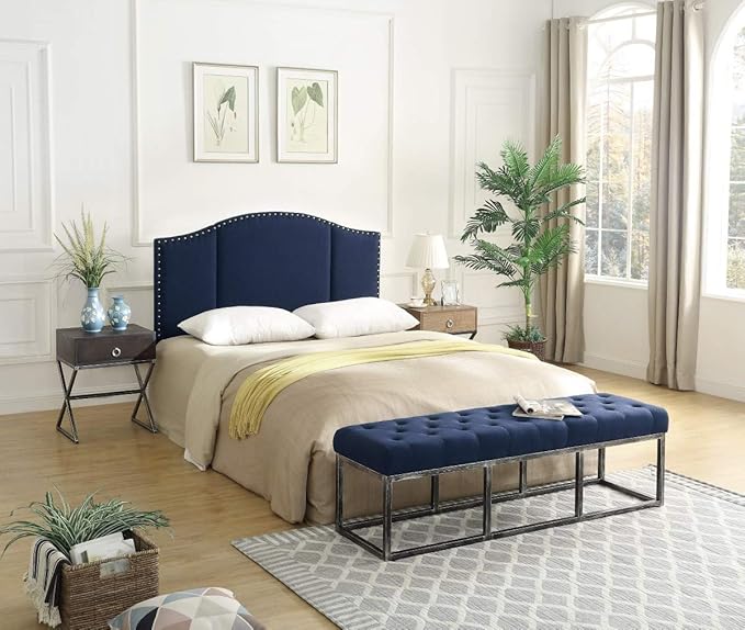 24KF Upholstered Tufted Long Bench Seats with Metal Frame Leg, Linen Bench Ottoman with Padded Seat-Navy Blue