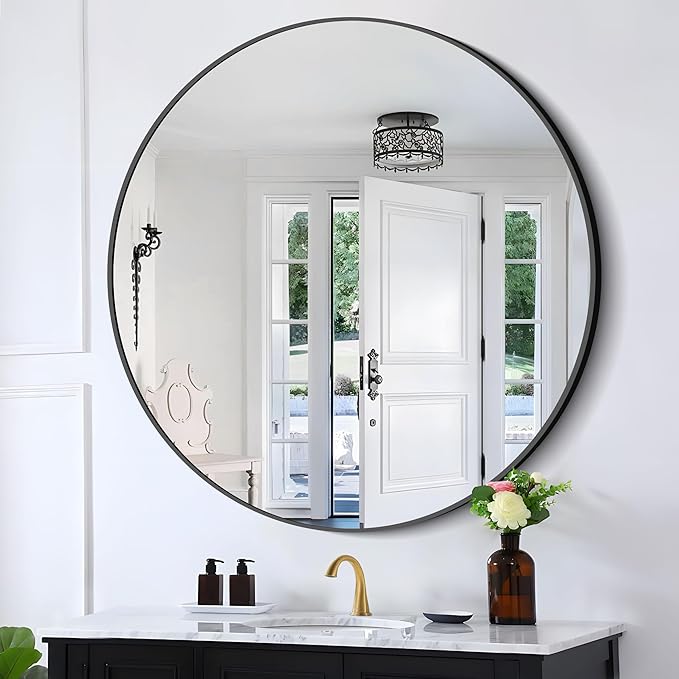 Black 39-Inch Round Mirror - Wall Mounted Aluminum Alloy Metal Frame for Bathroom, Entryway, Living Room, Large Over Sink