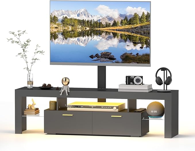 Redkey Modern TV Stand with Mount - TV Console with 2AC Outlets - Television Stands with RGB Led Light for 75 Inch TVs - Double Cabinet - 40°Adjustable Amplitude - Black(FBA)