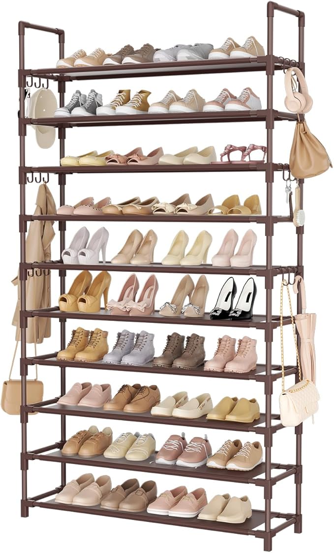 Tall Shoe Rack 10 Tier Shoe Organizer Large Shoe Shelf with 18 Hooks Storage for 50 Pair Sneaker and Boot, Stackable Vertical Shoe Rack Organizer for Closet, Entryway, Bedroom, Brown
