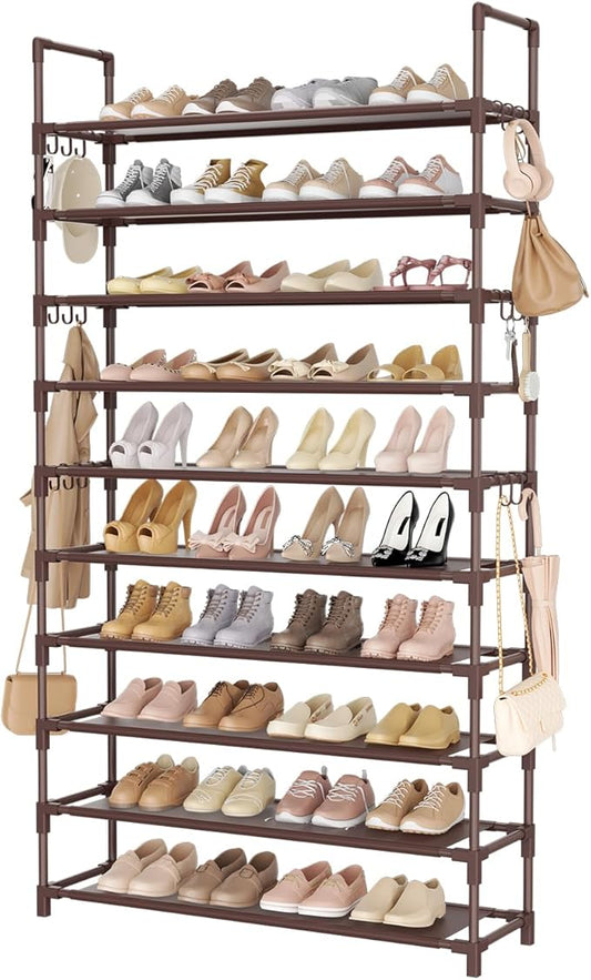 Tall Shoe Rack 10 Tier Shoe Organizer Large Shoe Shelf with 18 Hooks Storage for 50 Pair Sneaker and Boot, Stackable Vertical Shoe Rack Organizer for Closet, Entryway, Bedroom, Brown