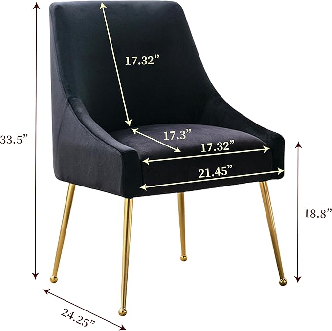 Modern Velvet Dining Chairs Set of 2, Contemporary Upholstered Furniture Collection with Polished Gold Metal Legs, Elegant Accent Chairs for Kitchen Living Room(Black)