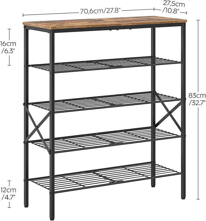 5-Tier Shoe Rack, Shoe Storage for Entryway and Closet, Free Standing Shoe Organizer with Metal Mesh Shelves, 16-20 Pairs of Shoes, Rustic Brown and Black SS05BR