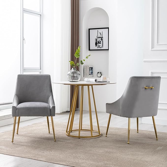 Modern Velvet Dining Chairs Set of 6, Contemporary Upholstered Furniture Collection with Polished Gold Metal Legs, Elegant Accent Chairs for Kitchen Living Room(Grey)