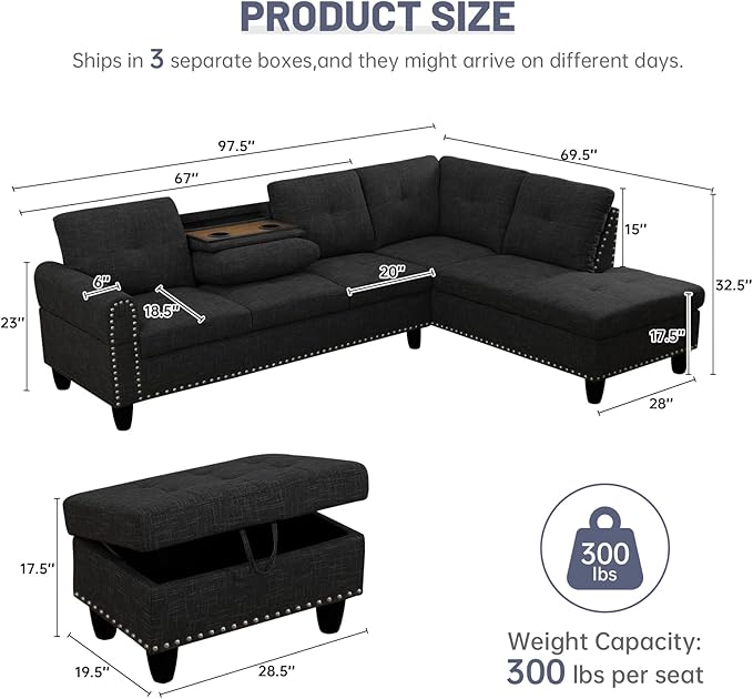 L Shaped Modular Sectional Sofa with Reversible Chaise Lounge, 5-Seater Corner Couch, Linen Upholstery Convertible Sofá w/Movable Ottoman, Cup Holders, 2 Pillows and Rivet Ornament for Living Room