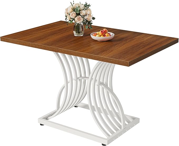 DWVO Modern Dining Table for 4 People 47 Inch Rectangular Kitchen Table with Walnut Tabletop and White Geometric Legs Small Dinner Table Kitchen & Dining Room Furniture Brown