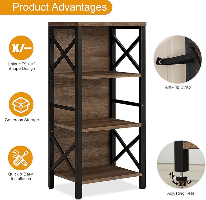Small Bookshelf,4 Tier Industrial Bookcase with Metal Frame and Backboard,Narrow Rustic Brown Book Shelf,Book case for Small Spaces,Living Room,Bedroom and Home Office