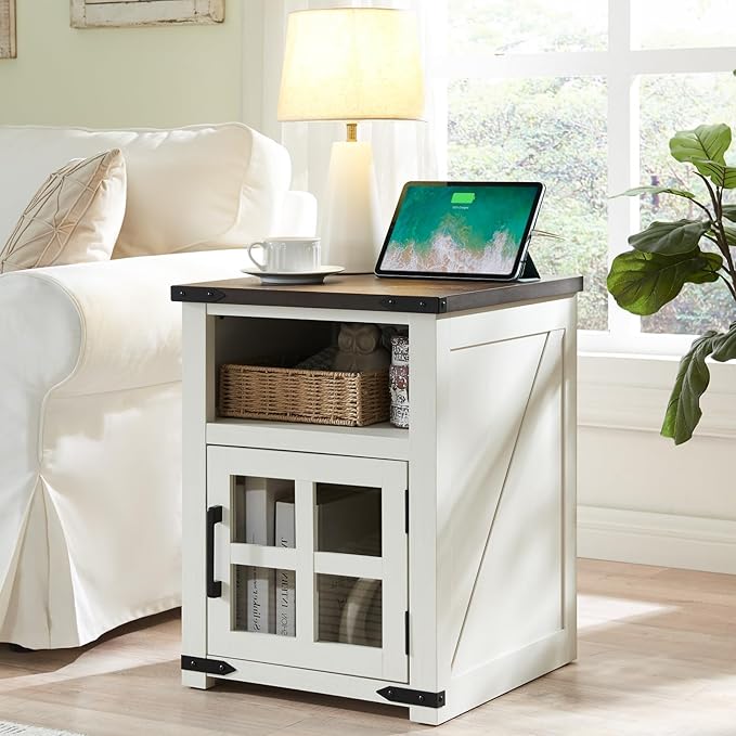 Farmhouse Nightstand with Charging Station, Rustic End Table with Tempered Glass Barn Door, Wood Sofa Side Bedside Table with Open Storage Shelf for Living Room, Bedroom, White, 2 Pack