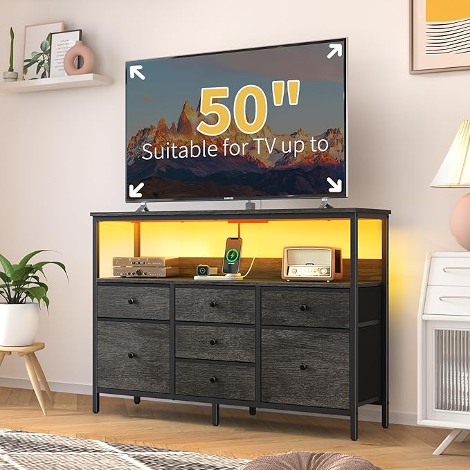 Yoobure LED TV Stand for Bedroom, 50 Inch Kids Dresser with Power Outlets, 7 Drawers Entertainment Center with Storage Shelf, TV Stands Dresser for Bedroom, Living Room, TV Console Entertainment Stand