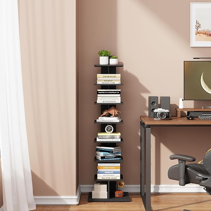 TUTOTAK Narrow Bookshelf, 8-Tier Bookcase, Spine Book Shelf for Small Space, Corner Standing Shelf for Living Room, Office, Study, Entryway, Black BS06BK008
