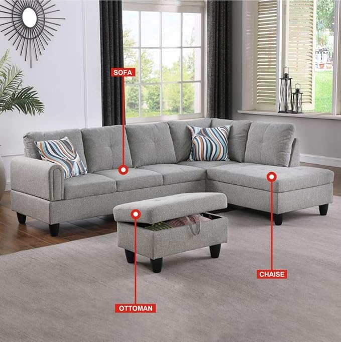 Grey-2 L-Shaped 3-Piece Linen Sofa with Storage Ottoman Set, Sectional Couch Sofa Set for Living Room, Office, Small Space