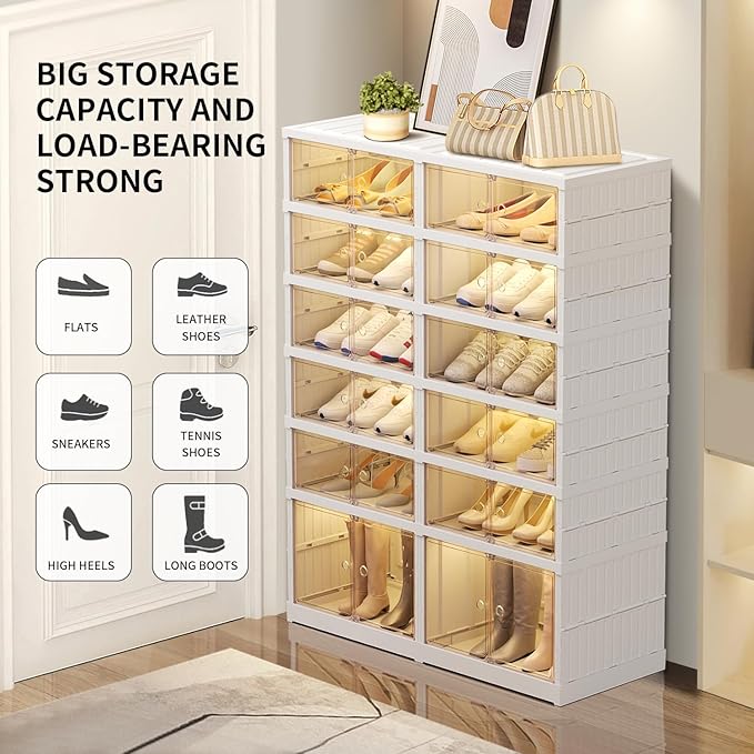 6 Tier Foldable Shoe Rack Organizer for Closet 12-24Pairs Plastic Collapsible Shoe Shelf for front door entrance Stackable Clear Folding Shoes Storage Boxes XLarge Shoe Cabinet