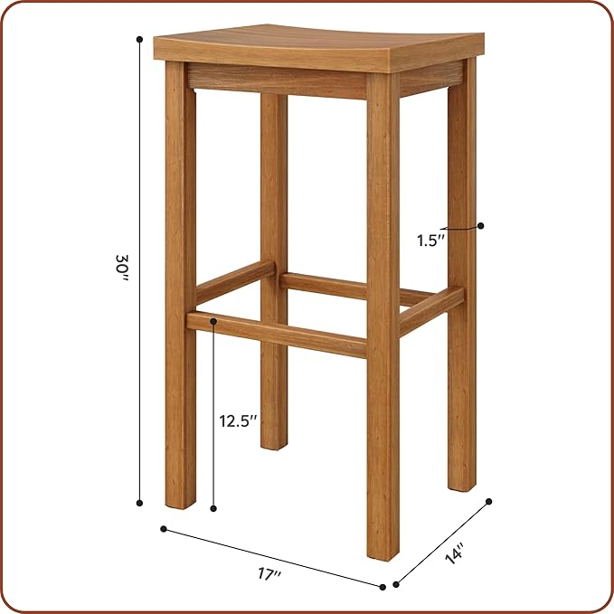Grain & Grove Smith Collection Solid Wood Bar Stool, 30 inch Saddle-Seat Bar Chair, Backless, Heavy-Duty Construction, Footrest Support, Ideal for Kitchen Islands, Home Bars, and Counters, Pecan