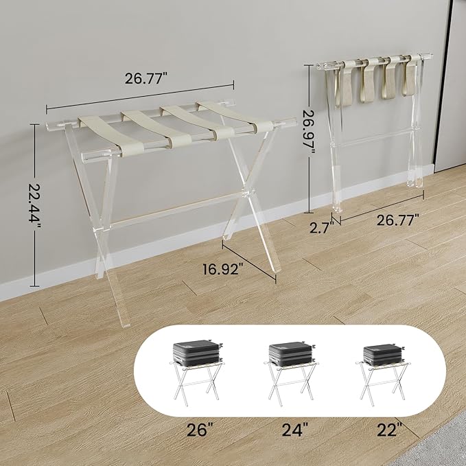 Sumerflos Acrylic Luggage Rack for Guest Room - Foldable Suitcase Stand with Leather Straps for Bedroom Living Room Hotel Heavy-Duty, Holds up to 50-100 lb lightweight Space Saving (Beige & Handle - 2 Pcs)