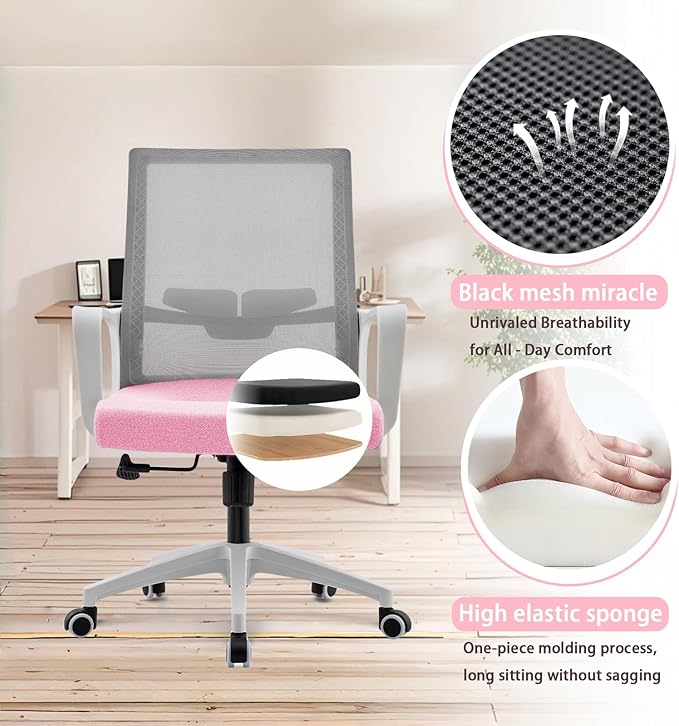 Office Chair ergonomically Designed with Breathable mesh backrest and Lumbar Support Adjustable Height Suitable for Offices Homes bedrooms Study Rooms Pink