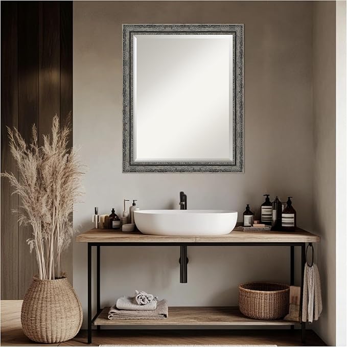 Amanti Art Bathroom Mirror for Over Sink, 27x33 Filigree Matte Black Rectangle Vanity Mirror, Large Traditional Frame, Hangs Horizonally and Vertically, Bathroom Wall Decor, Beveled Edge