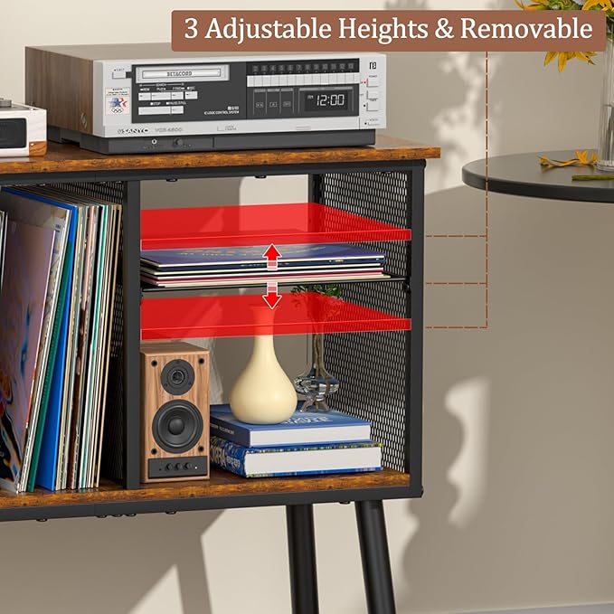 Record Player Stand with Adjustable Divider, Vinyl Storage Holder Up to 200 Albums, Mid-Century Large Record Player Table, Vinyl Holder Turntable Stand End Table Storage Rack for Bedroom & Living Room