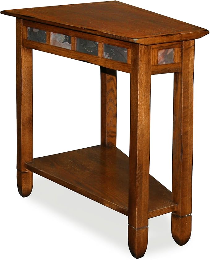 Leick Home Slate End Table, Solid Wood, Narrow Wedge Shape, Slate Tile Insets, Bottom Display Shelf, Easy-Assembly, Rustic Oak, 23.5 in. L x 17 in. W x 24 in. H, 10056