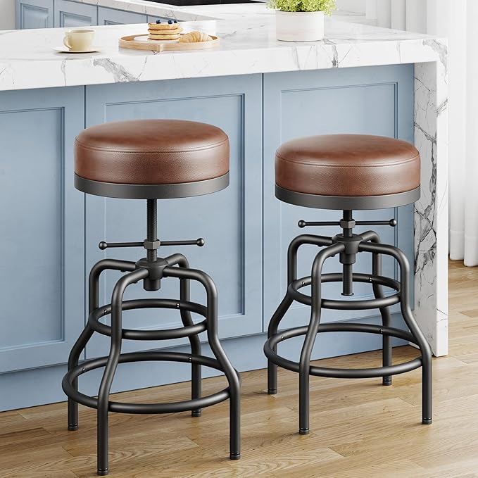 Adjustable Height Swivel Bar Stools Set of 2, 22-29 Inch Industrial Vintage Bar Counter Height Stools with Thicken Premium Bonded Leather Seats & Updated Footrests, Easy Assembly, Brown