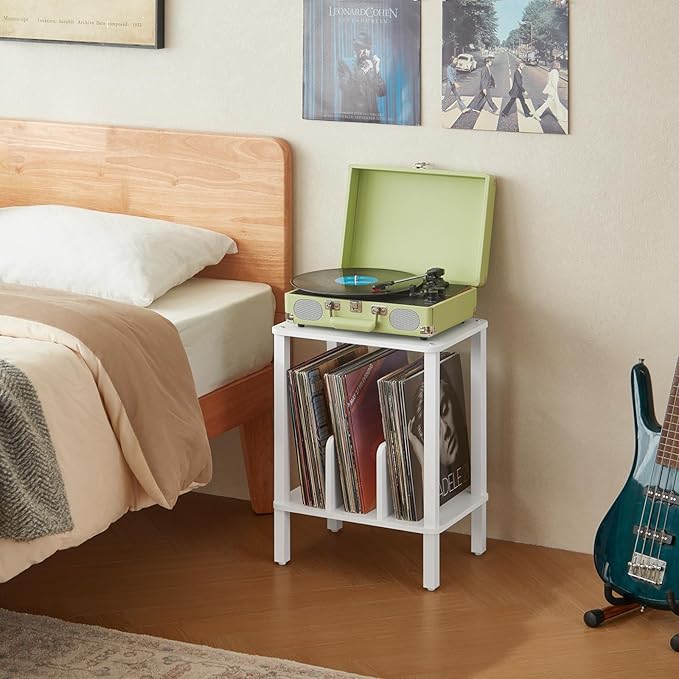 LELELINKY 2-Tier Bamboo Record Player Stand Set of 2 with Vinyl Record Storage up to 100 Albums, Boho Bedroom Record Holder and Multi-Functional End Table for Living Room, White