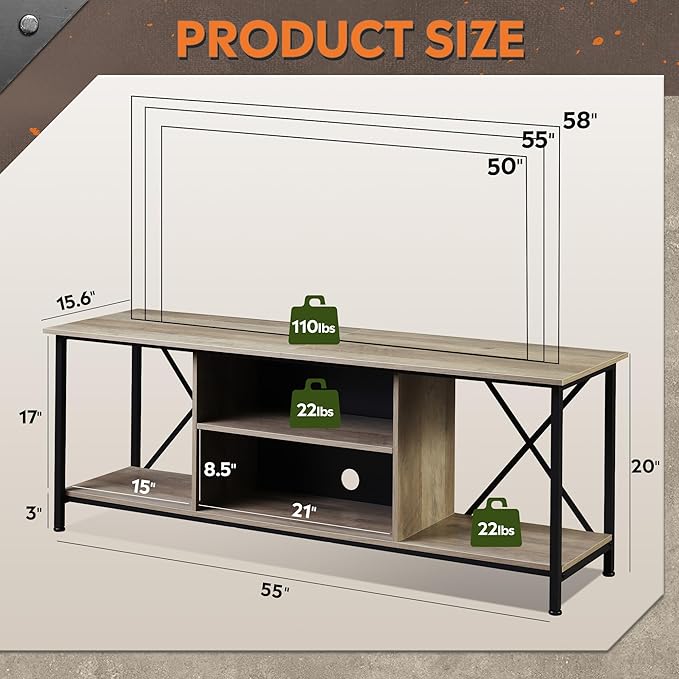 WLIVE TV Stand up to 65 Inch TV, 55" Entertainment Center, Industrial TV Console with Open Storage Shelf for Living Room and Bedroom, Gerige