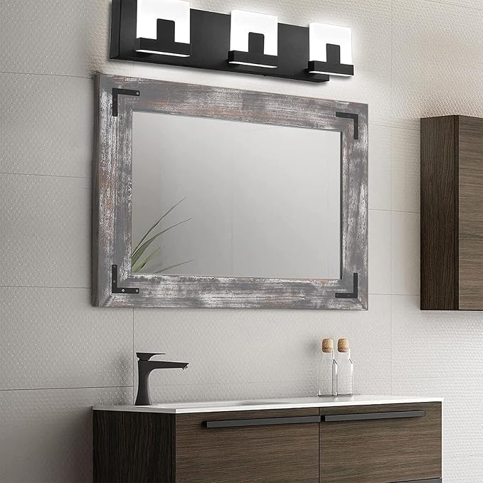 YOSHOOT Rustic Wooden Framed Wall Mirror, 48"x30", Natural Wood Bathroom Vanity Mirror for Farmhouse Decor, Vertical or Horizontal Hanging