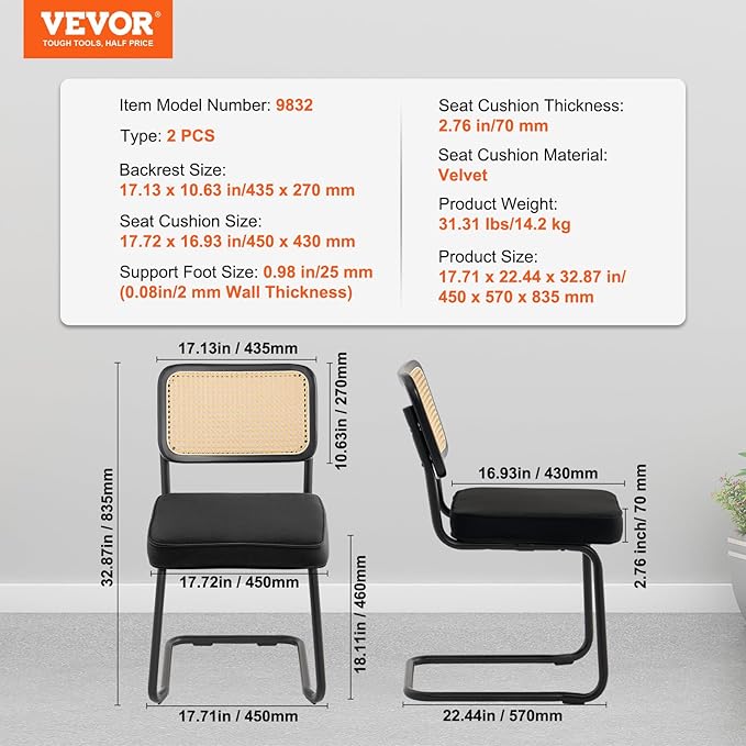 VEVOR Rattan Dining Chairs Set of 2, Mid Century Modern Dining Chair, Upholstered Velvet Accent Chair with Rattan Back, Retro Dining Room Kitchen Chair for Living Room, Bedroom(18.1 Inch)