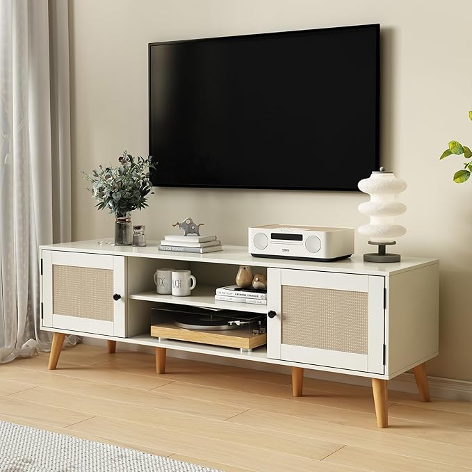 TV Stand for TVs up to 65 inches, Rattan Grain Finish Panel with 2 Storage cabinets, Modern Minimalist Style, Living Room, Audio-Visual Room for Multiple Rooms,3 Colors Available (White)