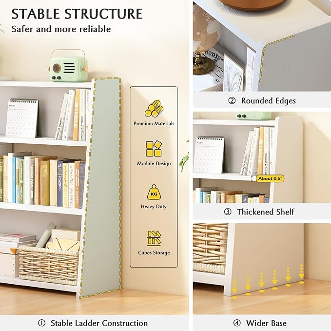 IOTXY Wooden Extendable Shelf Bookcase - 3-Tier Ladder Low Short Bookshelf for Small Space or Corner, White, S