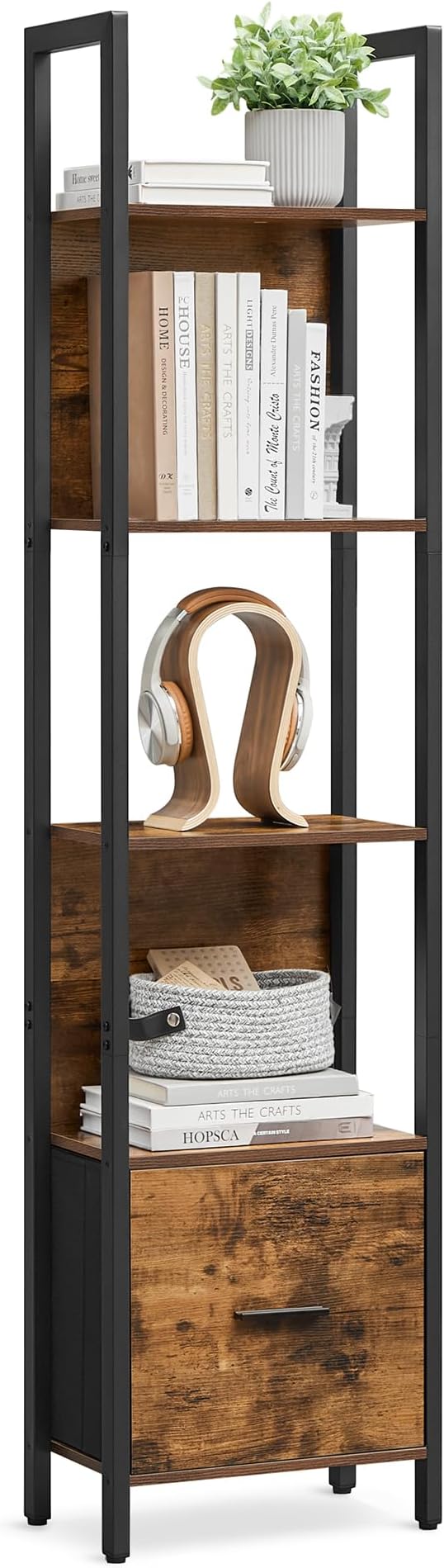 VASAGLE 5-Tier Bookshelf, Book Shelf with Drawer, Industrial Bookcase, with Steel Frame, for Living Room, Home Office, Bedroom, 9.4 x 15.7 x 65 Inches, Rustic Brown and Black ULLS146B01