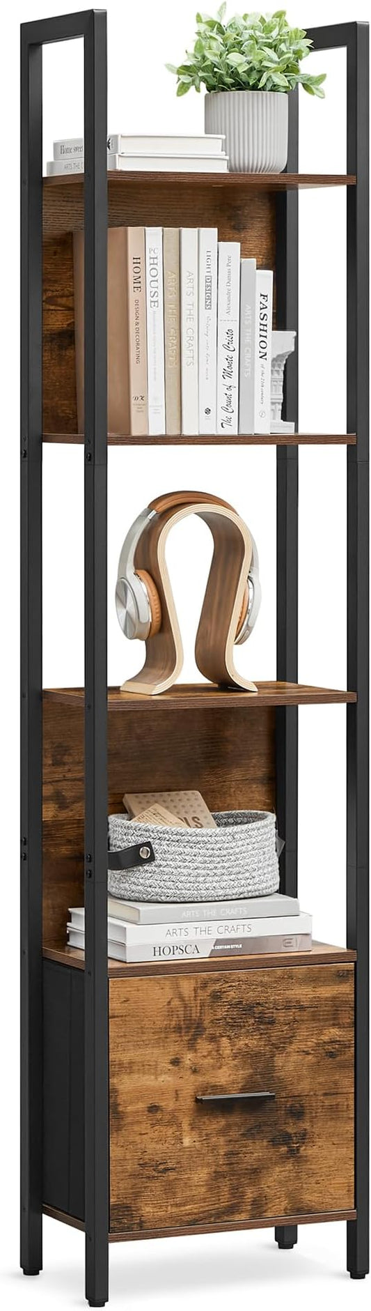 VASAGLE 5-Tier Bookshelf, Book Shelf with Drawer, Industrial Bookcase, with Steel Frame, for Living Room, Home Office, Bedroom, 9.4 x 15.7 x 65 Inches, Rustic Brown and Black ULLS146B01