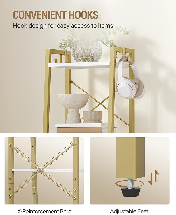 Ladder Shelf, Bookshelf Bookcase, Freestanding Corner Storage Shelve with 2 Hooks for Home Office, Living Room, Kitchen, Bedroom, Industrial, 4-Tier White Gold BC13213G