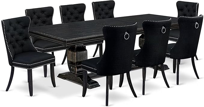 NKDA9-SBB-24-9-pc Dining Room Set Consists of a Rectangular Table and 8 Black Polyester Fabric Dining Chairs with Button Tufted Chair Back - Sand Blasting Black Finish.
