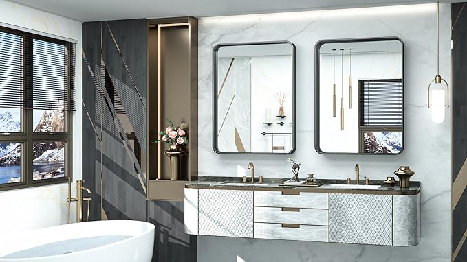 TokeShimi 28x36 Inch Black Bathroom Mirror for Wall Vanity Mirror with Non-Rusting Aluminum Alloy Metal Frame Rounded Corner for Modern Farmhouse Home Decor (Horizontal/Vertical)