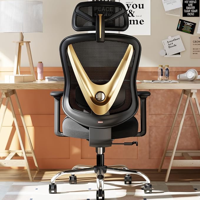 Ergonomic Mesh Office Chair - 3D Adjustable Lumbar Support & 3D Armrests, V-Shaped Back, Adjustable Desk Chair for Office & Home, Black and Gold