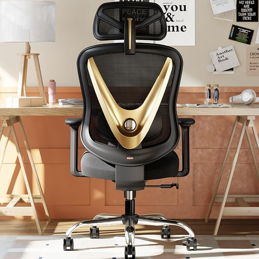 Ergonomic Mesh Office Chair - 3D Adjustable Lumbar Support & 3D Armrests, V-Shaped Back, Adjustable Desk Chair for Office & Home, Black and Gold
