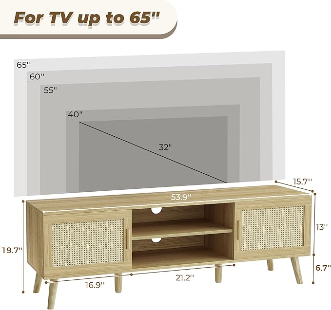 SUPERJARE Boho TV Stand for 65 Inch TV, Entertainment Center with Adjustable Shelf, Rattan TV Console with 2 Cabinets, Media Console, Solid Wood Feet, 4 Cord Holes, for Living Room - Natural